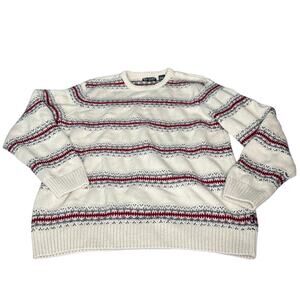 Chaps Men's size XL Sweater Fair Isle Stripe Crewneck Knit Pullover White Gray